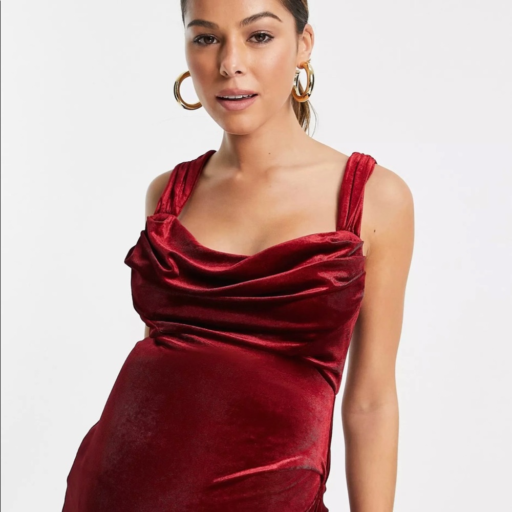 ASOS DESIGN maternity velvet cowl neck pencil midi dress in berry